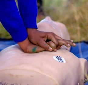 CPR hand placement Close-up of hand placement for chest compressions on a CPR manikin