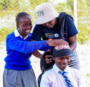 Head bandaging practice Student practising head bandaging on a classmate